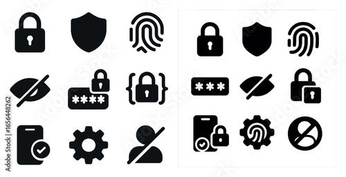Security and privacy solid icons set – filled, protection and safety symbols
