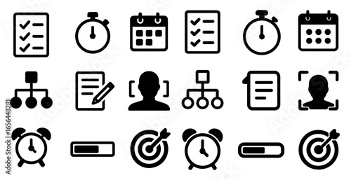 Task management outline icons set – linear, solid, productivity and time tracking graphics