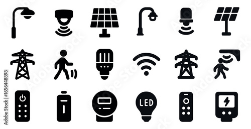 Energy and technology solid icons set – filled, utility and renewable energy symbols