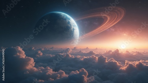 Ringed planet showing above the clouds at sunrise