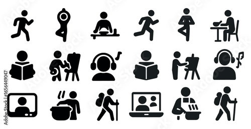 Fitness and leisure icons set – silhouette, solid, exercise and wellness symbols