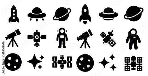 Space exploration solid icons set – silhouettes, filled, astronomy and cosmic symbols
