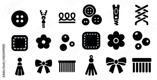 Sewing and craft solid icons set – silhouette, buttons, stitches design elements