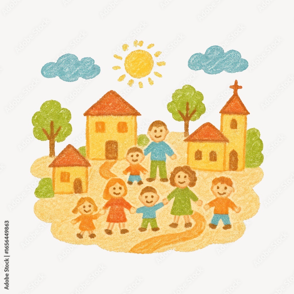 Naklejka premium Colorful village family drawing