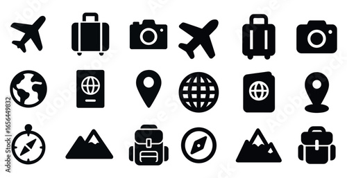 Travel and tourism icons set – solid, filled, vacation symbols for trip planning