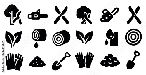 Gardening tools solid icons set – filled, silhouette, landscaping and horticulture symbols