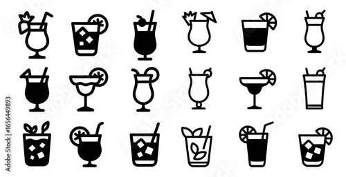 Cocktail and drink silhouette icons set – filled, flat, beverage and bar symbols