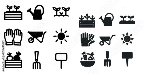 Gardening and plant care solid icons set - filled, flat, horticulture symbols