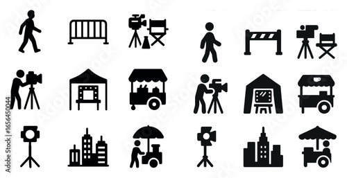 Film and cinema solid icons set – silhouette, movie, entertainment industry symbols