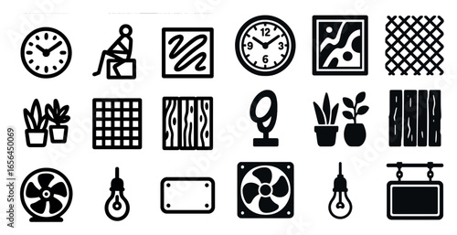 Home decor solid icons set – line, filled, interior and design symbols