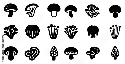 Mushroom silhouette icons set – filled, solid, fungi and nature symbols