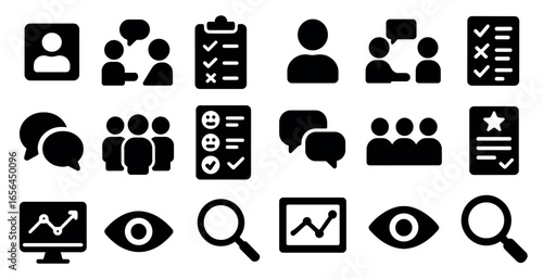 Communication and survey silhouette icons set – solid, filled, feedback symbols