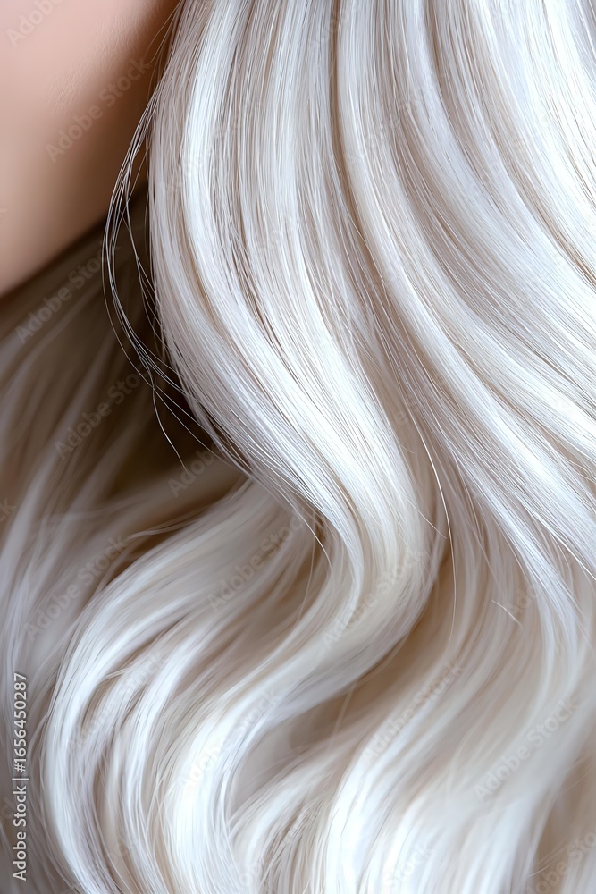 Naklejka premium Luxurious platinum blonde wavy hair texture closeup showing smooth, silky strands with gentle curves and natural shine against neutral background.