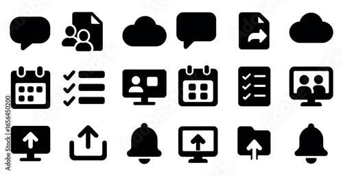 Communication and cloud silhouette icons set – solid, filled, messaging and file sharing