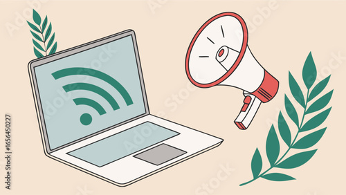 Laptop with Wifi Signal and Megaphone for Online Announcement.