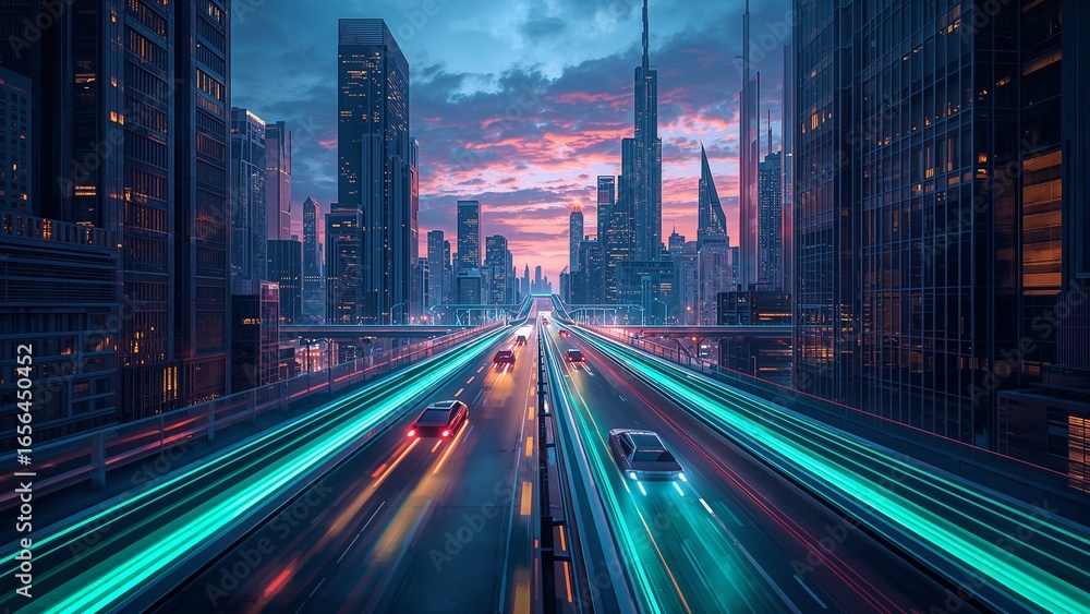Fototapeta premium Cutting elevated highway carrying cars through neon-lit metropolis at dusk, with neon light trails