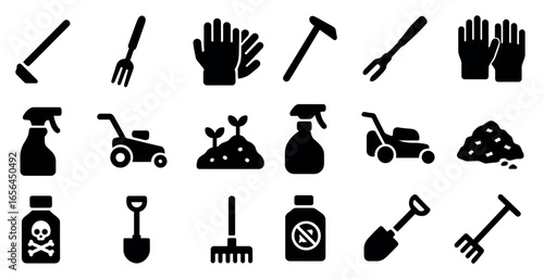 Gardening and farming silhouette icons set – solid tools, cultivation, agriculture symbols