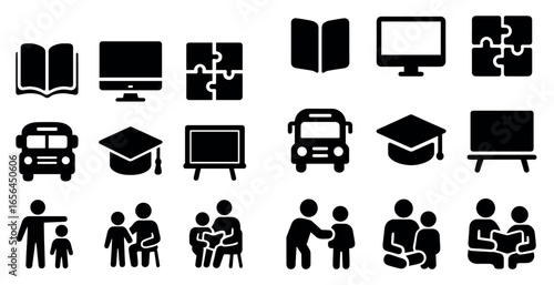 Education and learning solid icons set – flat, filled, study and teaching symbols