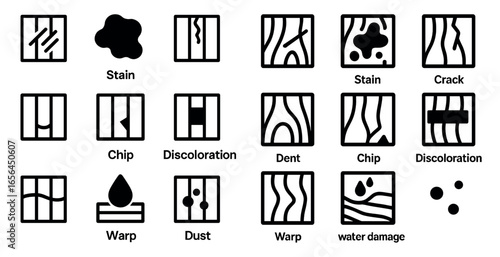 Surface texture silhouette icons set – flat, filled, stain and damage symbols