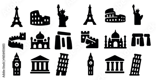 World monuments silhouette icons set – solid, filled, architecture and landmark symbols