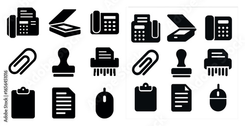 Office supplies solid icons set – filled, stationary, business essentials symbols