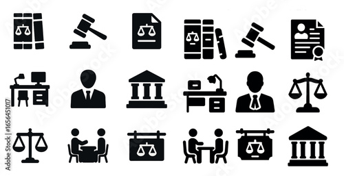 Law and justice solid icons set – filled, legal, courtroom symbols