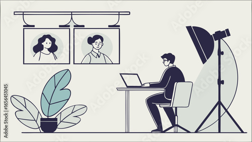 Man working on laptop in home office setup with softbox lighting.