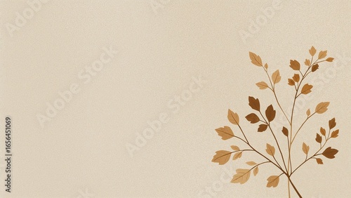 Extending stylized botanical branch slanting on beige canvas showing brown-gold leaves, copy space