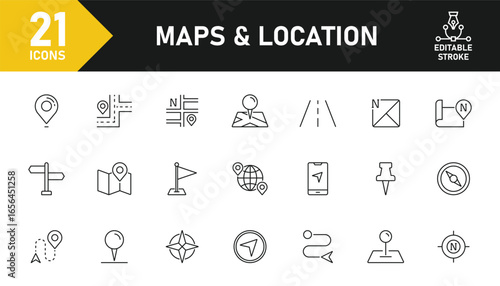 Maps and Location line icon set. Set of 21 outline icons related to location, navigation, map, route map, GPS, navigator, address, map pin and others. Editable stroke. Vector illustration.