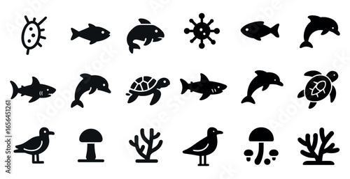 Marine life icons set in silhouette style – aquatic, ocean life symbols