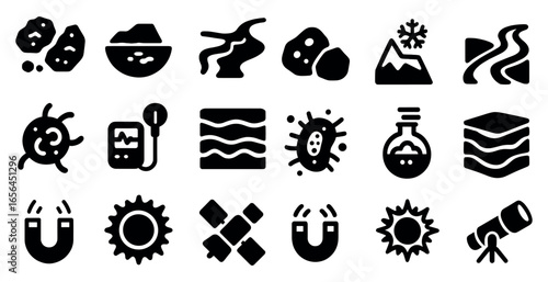 Geology solid icons set – filled, nature, earth science vectors