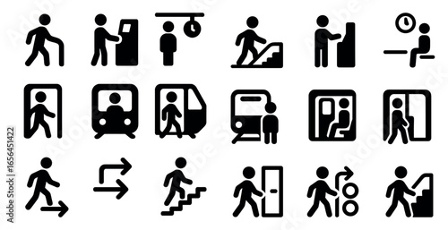 Public transportation silhouette icons set – solid, filled, transit and commuter symbols