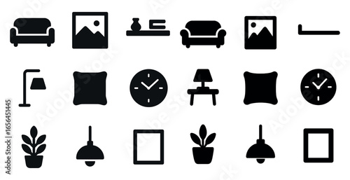 Home decor solid icons set – furniture, interior, and decoration symbols