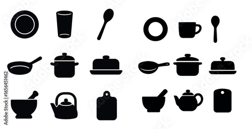 Kitchen essentials solid icons set – cookware, utensils, cooking tools collection