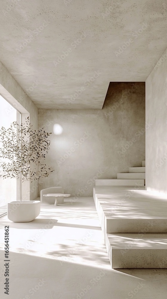 Fototapeta premium Minimalist Interior with Olive Tree, Concrete Stairs, and Natural Light