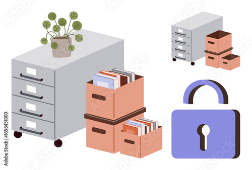 Filing cabinet with drawers, file boxes, and a purple lock icon. Ideal for security, office management, organization, recordkeeping, workspace design, data protection simple flat metaphor