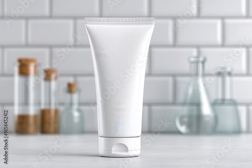 Blank White Cosmetic / Skincare Tube with Flip Top Cap on Light Wooden Surface in Modern Bathroom Setting