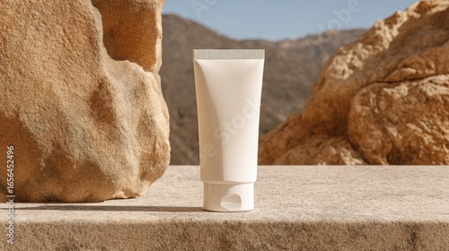 Blank white cosmetic or skincare tube standing on a textured stone surface with large rocks and mountains in the background, outdoors during daytime