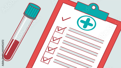 Medical Test Results Blood Sample in Tube and Checklist on Clipboard.