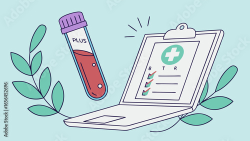 Medical Test Results Blood Sample Tube and Checklist on Clipboard.