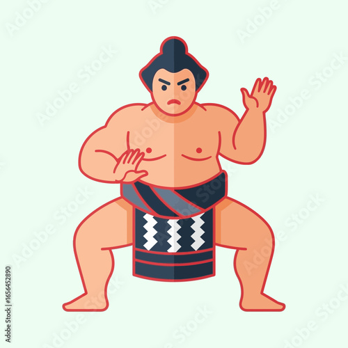 Sumo wrestler in a fighting stance on a light background.