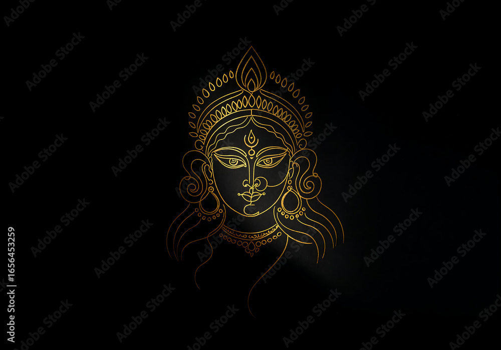 Fototapeta premium Minimalist One-Line Art of Goddess Durga Face and Lion Flowing Golden Line Illustration