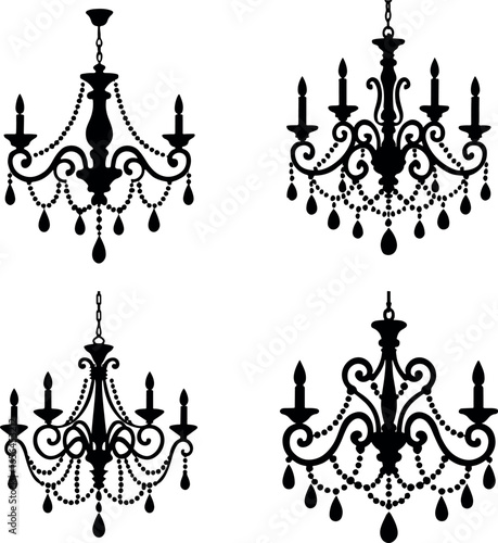 Four ornate chandeliers with candle holders and hanging crystal embellishments