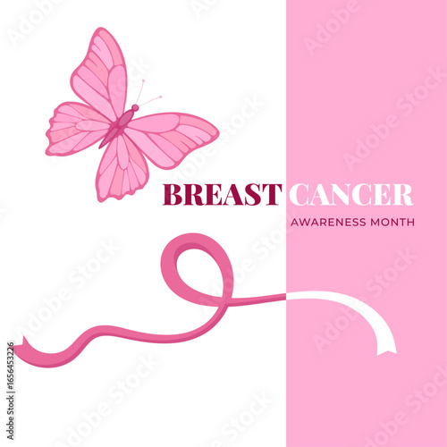 Vector banner with pink ribbon and butterfly on soft white-pink background, symbol of breast cancer awareness, hope, prevention and support for women’s health and global oncology campaigns.