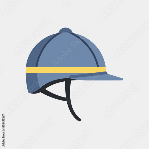 Blue riding helmet with yellow band and chin strap.