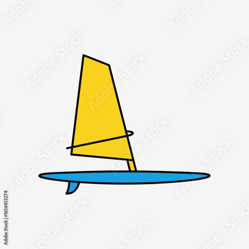 A simple illustration of a windsurfing board with a yellow sail.