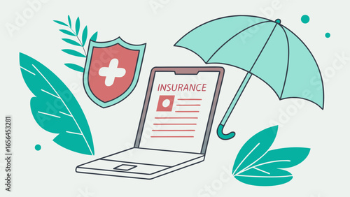 Online Insurance Policy Document with Protective Umbrella and Shield.