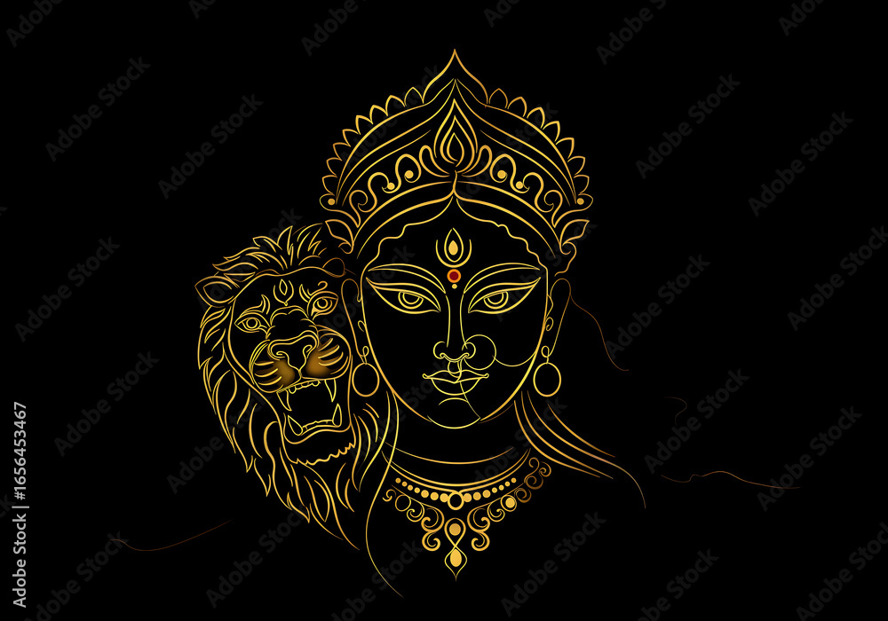 Obraz premium Minimalist One-Line Art of Goddess Durga Face and Lion Flowing Golden Line Illustration