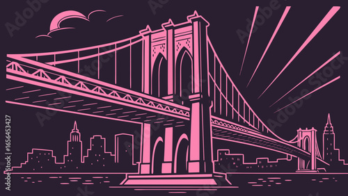 Neon Bridge Icon – Glowing Travel Landmark Symbol for Urban Exploration and Night Tour Concept