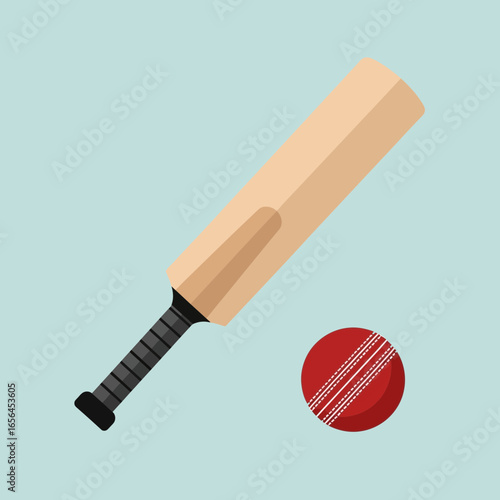 Wooden cricket bat and red ball on a light blue background.